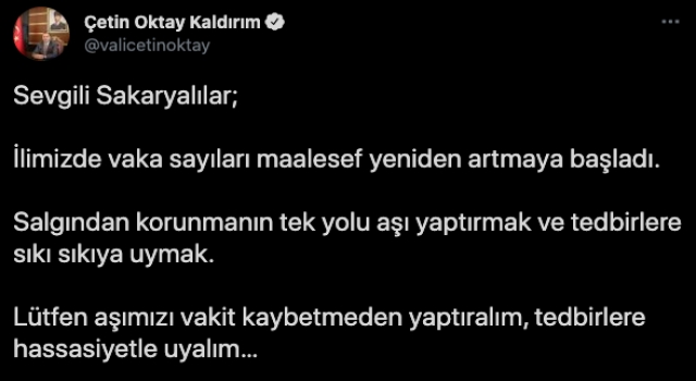 Sakarya Valisi Kaldırım’dan ”aşı ve tedbir” çağrısı: