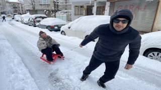 İstanbul’da evli çift, karda ulaşım sorununu kızağa binerek çözdü